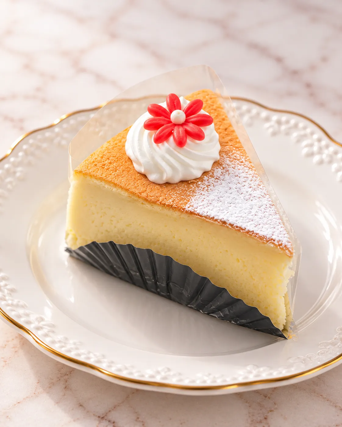 生クリームと赤い花飾りを添えた福井製菓の焼きチーズケーキ