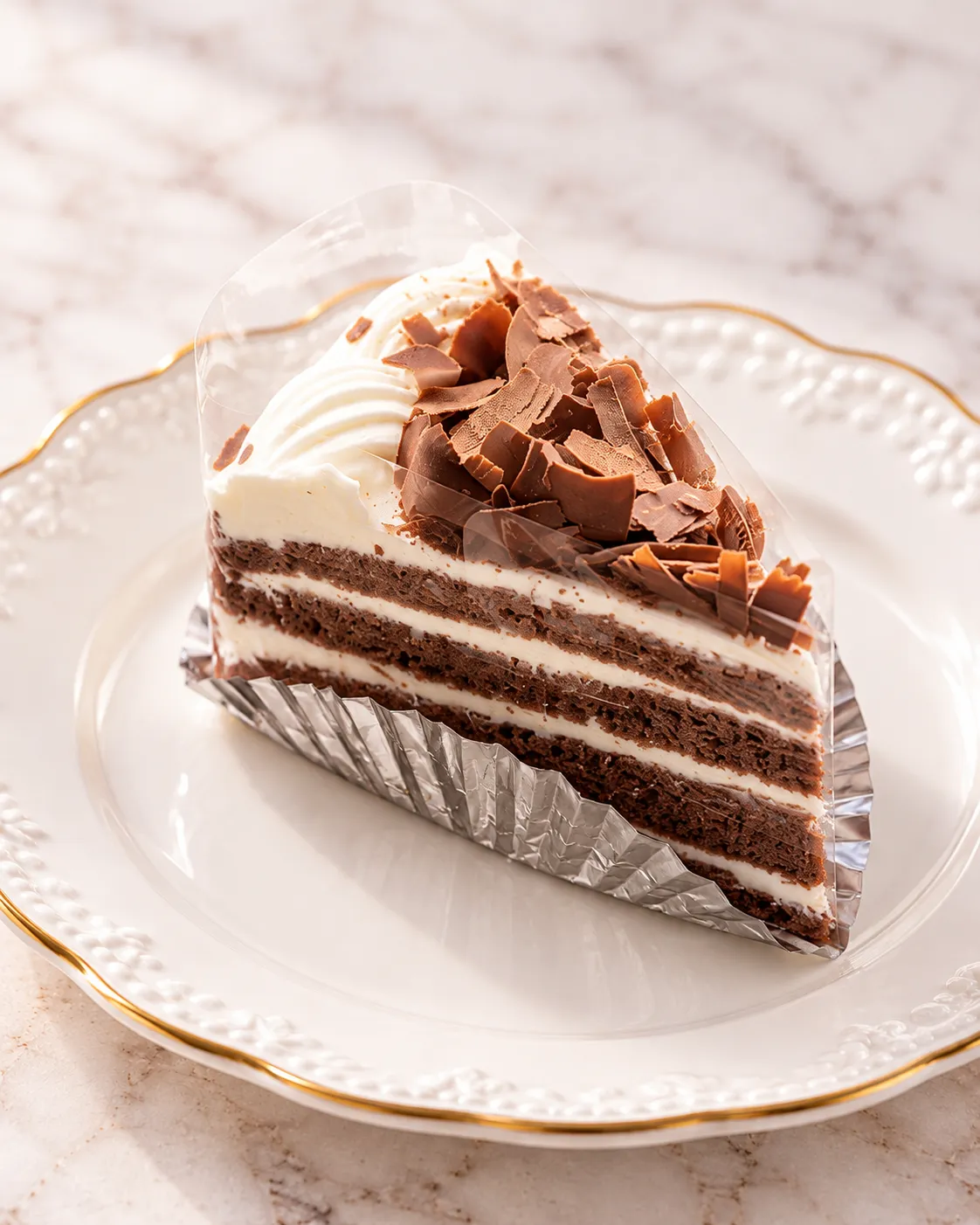 チョコレートスポンジと生クリームを重ね、チョコレートを飾った福井製菓のショコラ