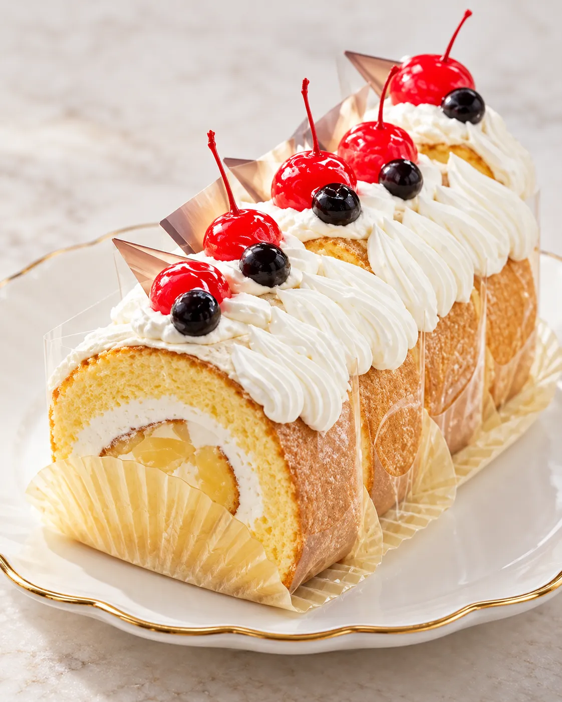 福井製菓のフルーツロールケーキ。生クリームと果物を飾ったロールケーキ