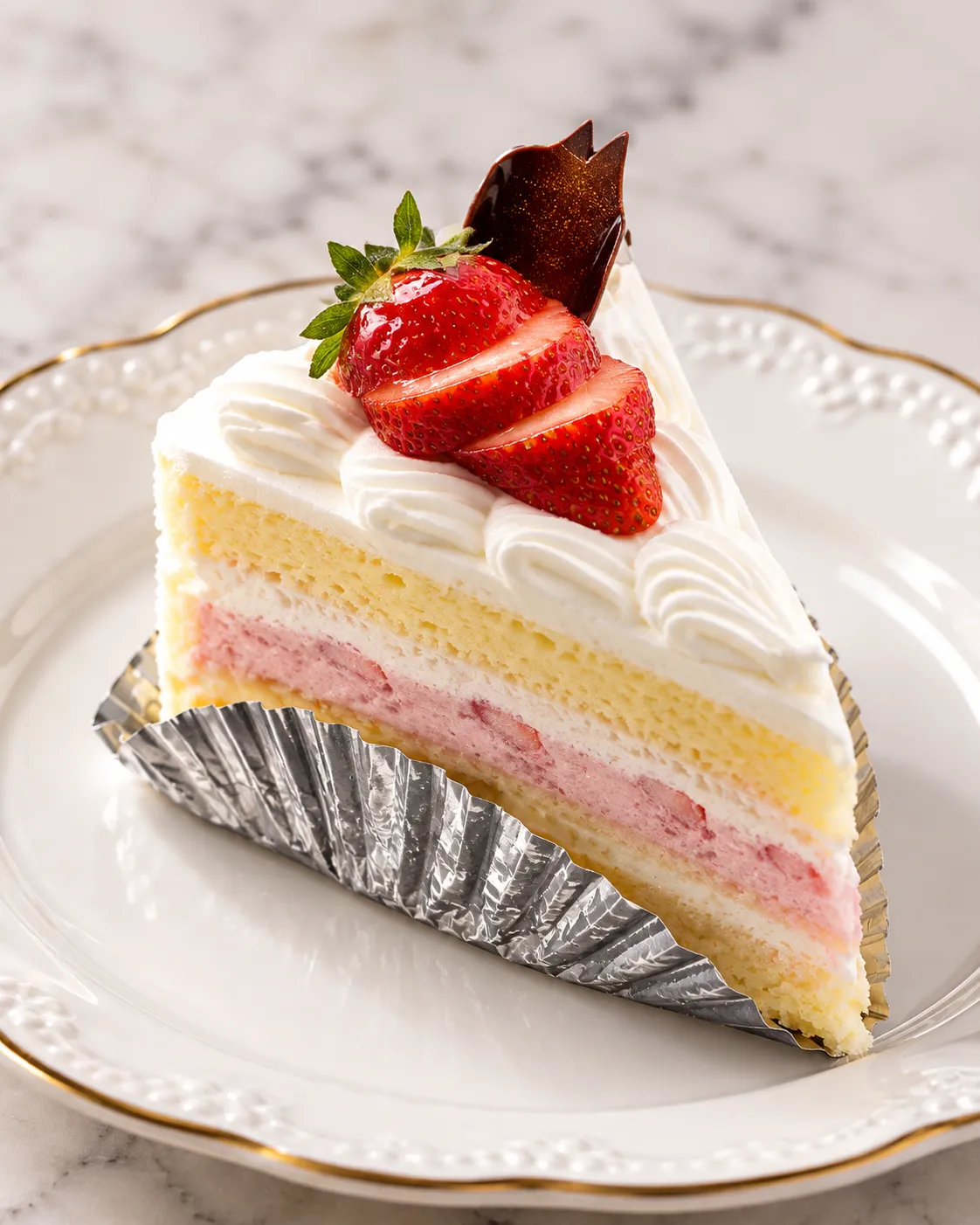 福井製菓のいちごショートケーキ。いちごと生クリームを飾った一切れ