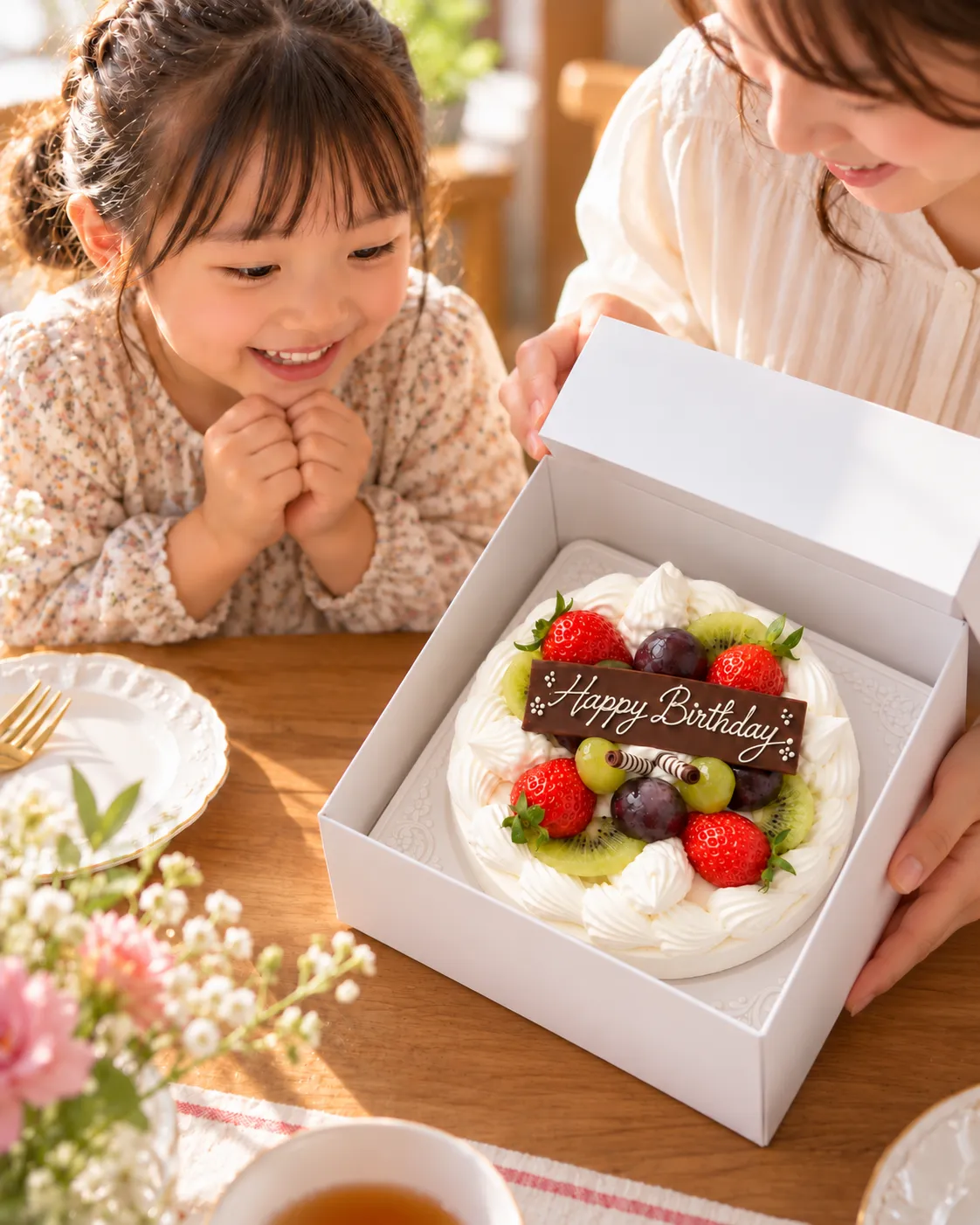 福井製菓のフルーツデコレーションケーキを前に笑顔になる女の子。家族で誕生日を祝うイメージ