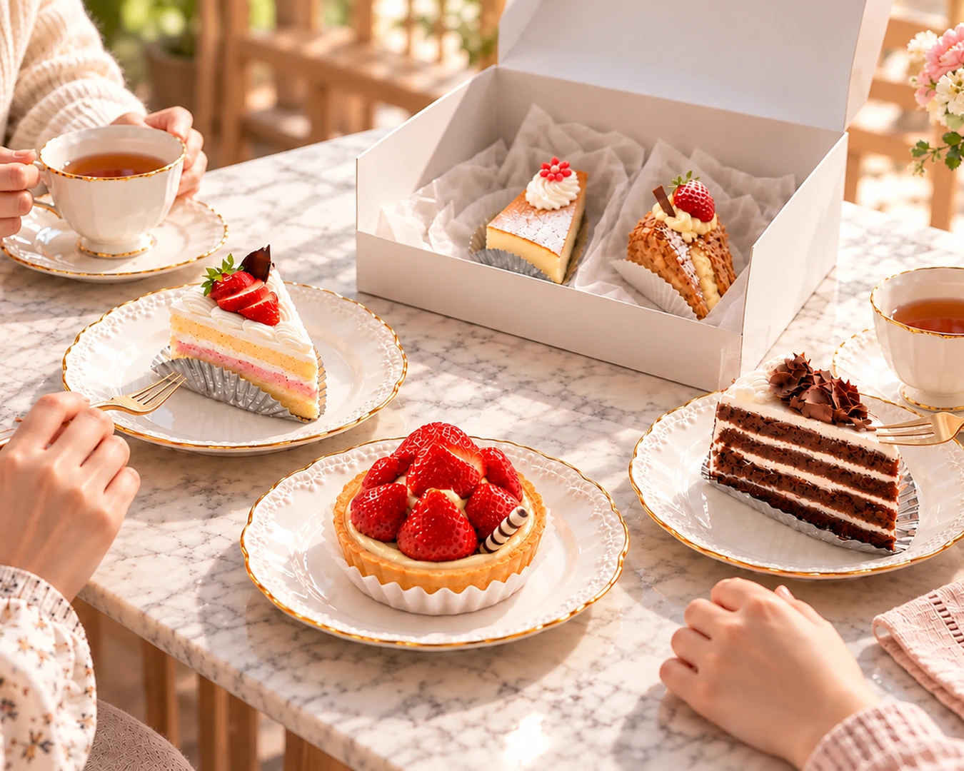 福井製菓のケーキを囲むティータイムのイメージ