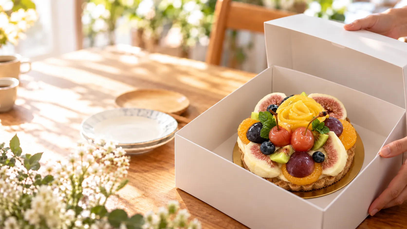 白いケーキ箱に入ったフルーツタルト