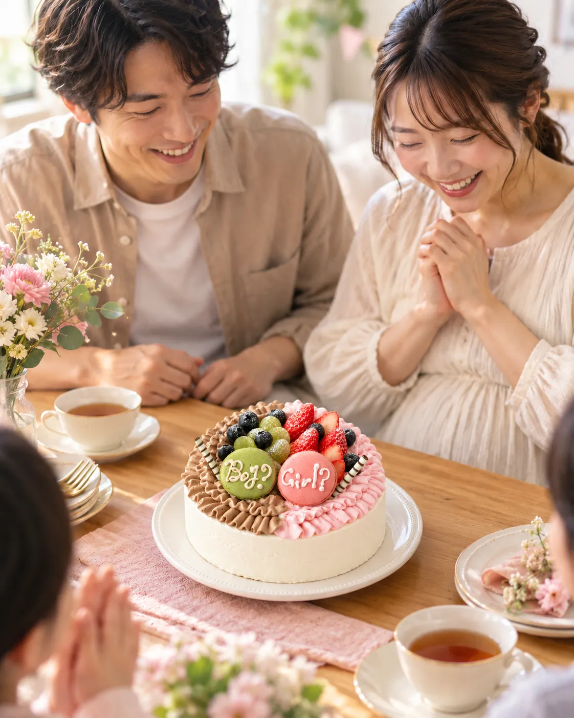 福井製菓のジェンダーリビールケーキを囲む家族のお祝いイメージ