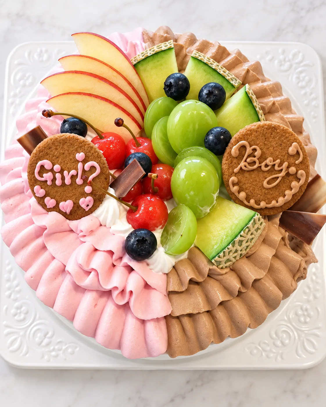 BoyとGirlのクッキーとフルーツを飾った福井製菓のジェンダーリビールケーキ