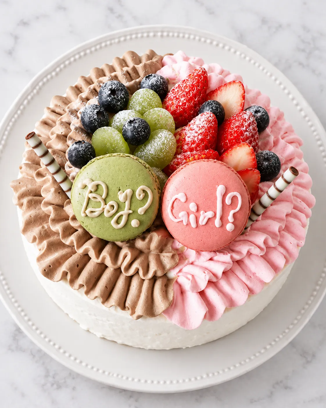 BoyとGirlのマカロンを飾った福井製菓のジェンダーリビールケーキ