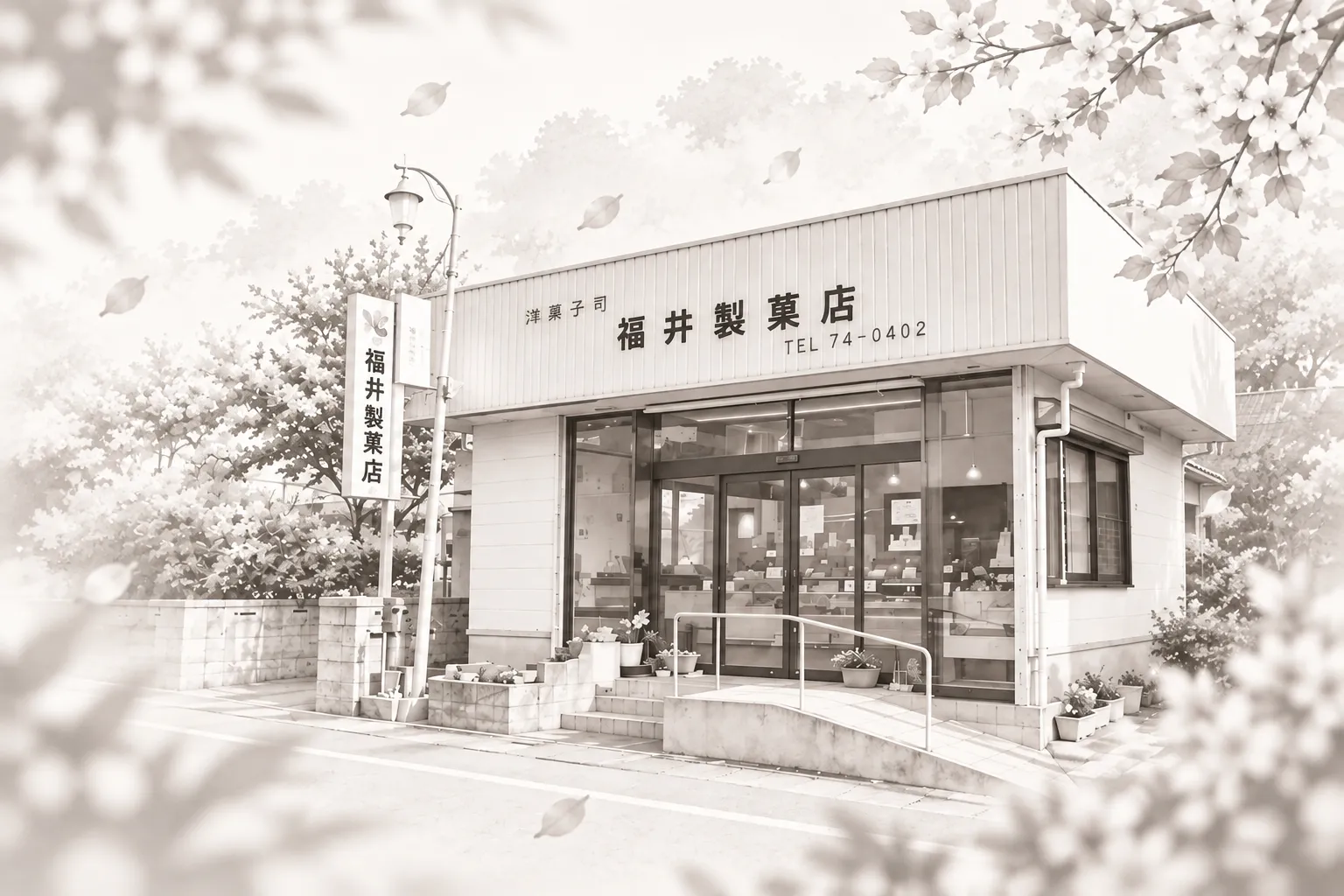 福井製菓店の建物と入口をモチーフにした淡い水彩調の外観イメージ