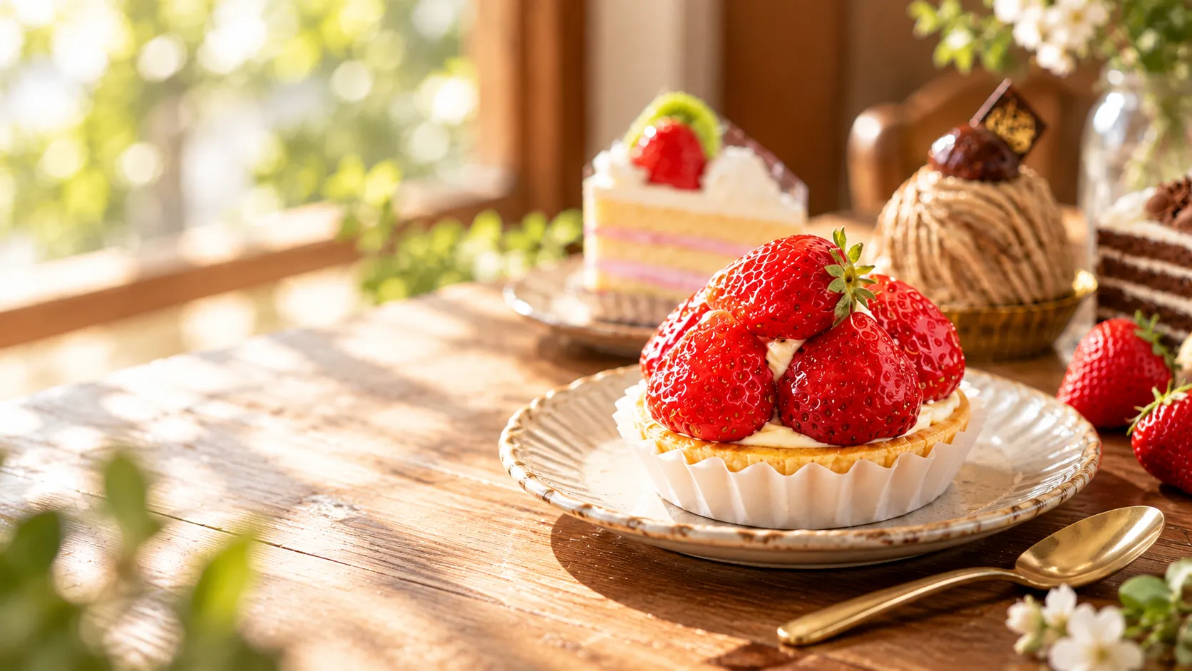 いちごを飾ったタルトと、奥に並ぶ福井製菓のケーキ